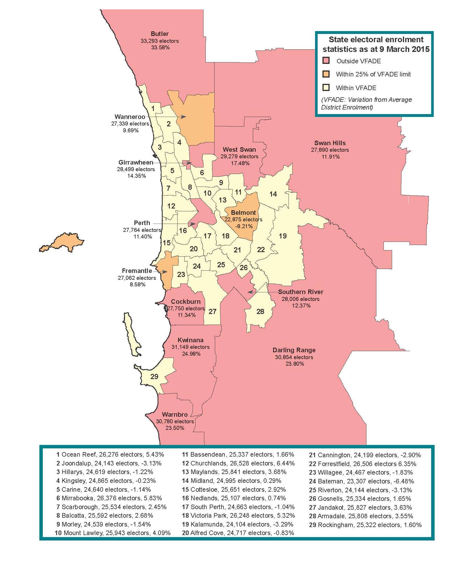 Variation from Average District Enrolment, Metropolitan Districts. Clcik for PDF version or see http://www.boundaries.wa.gov.au/electoral-boundaries/electoral-enrolment-statistics
